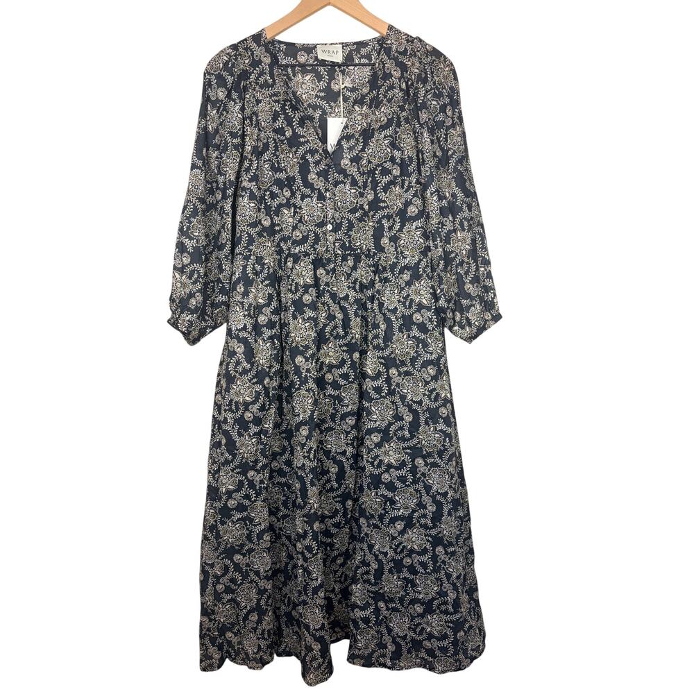 NWT Wrap London Floral Midi Dress US 6 Dark Slate Boho Button Front